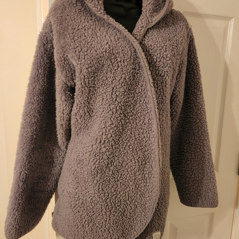 IVORY ELLA | Women's Medium Gray Soft Sherpa Teddy Hooded Jacket Cardigan